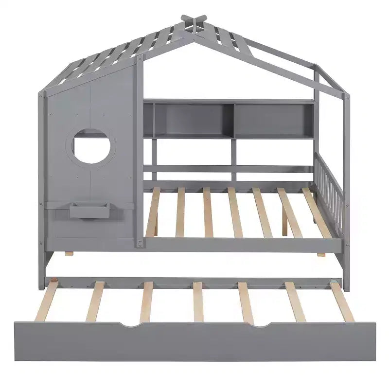 Lit de maison Whisen en bois pour enfant, taille double, design moderne avec lit gigogne et étagère de rangement