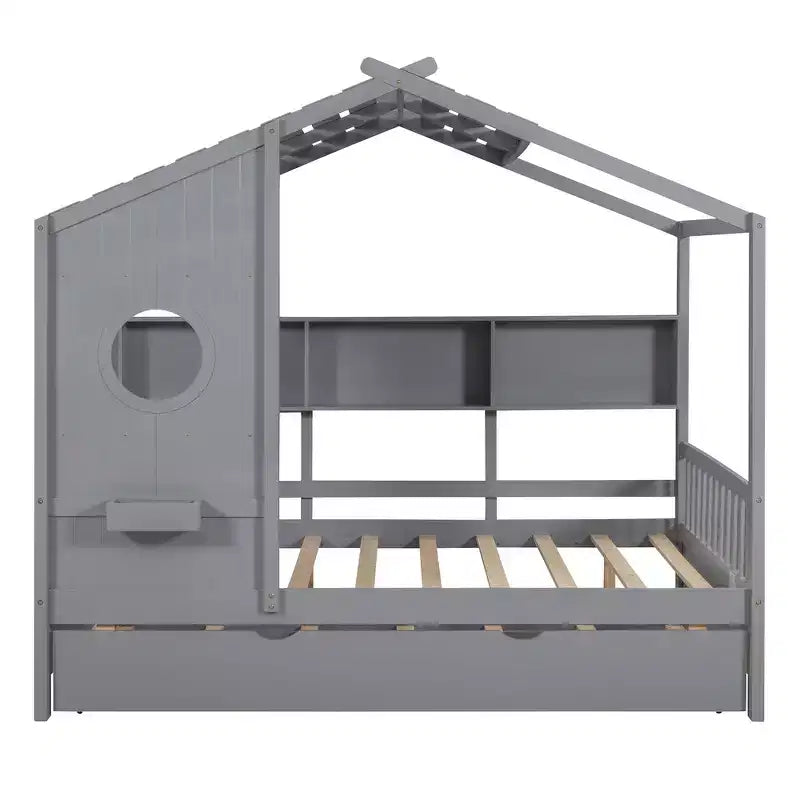 Lit de maison Whisen en bois pour enfant, taille double, design moderne avec lit gigogne et étagère de rangement