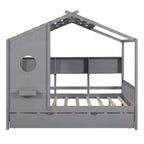 Lit de maison Whisen en bois pour enfant, taille double, design moderne avec lit gigogne et étagère de rangement