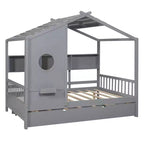 Lit de maison Whisen en bois pour enfant, taille double, design moderne avec lit gigogne et étagère de rangement