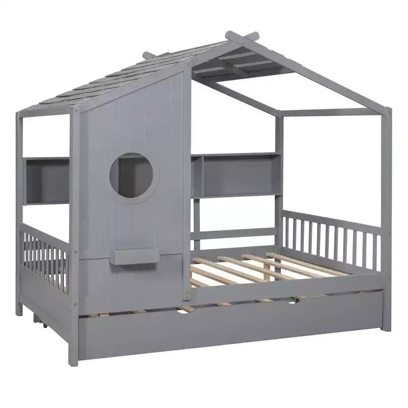 Lit de maison Whisen en bois pour enfant, taille double, design moderne avec lit gigogne et étagère de rangement