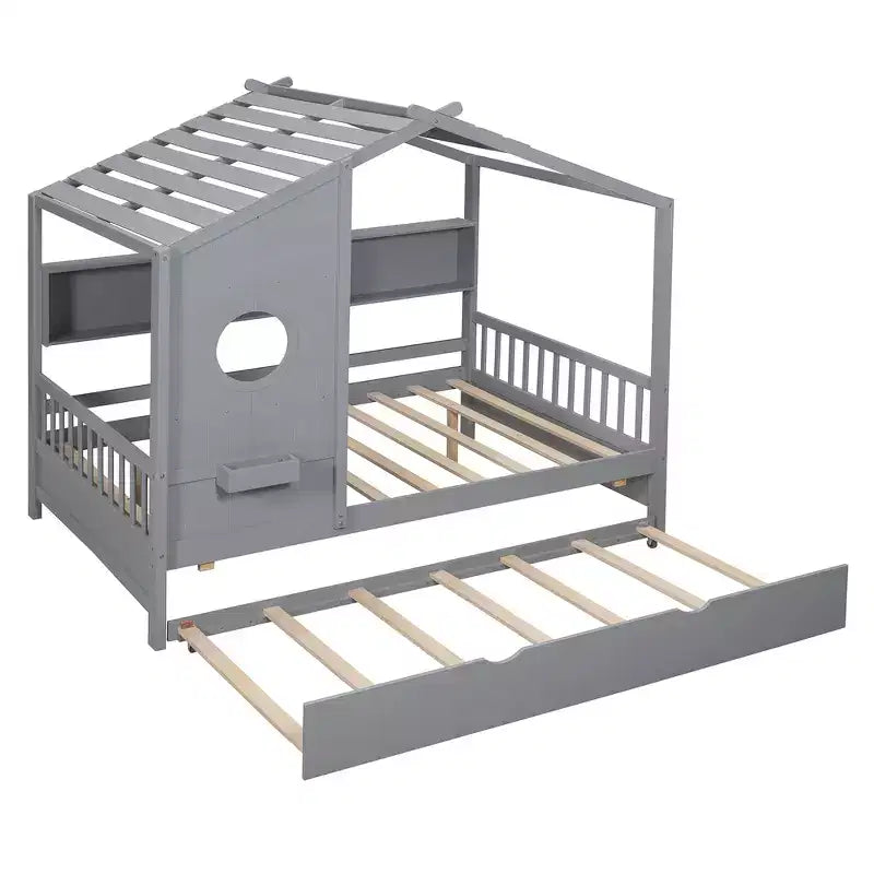 Lit de maison Whisen en bois pour enfant, taille double, design moderne avec lit gigogne et étagère de rangement