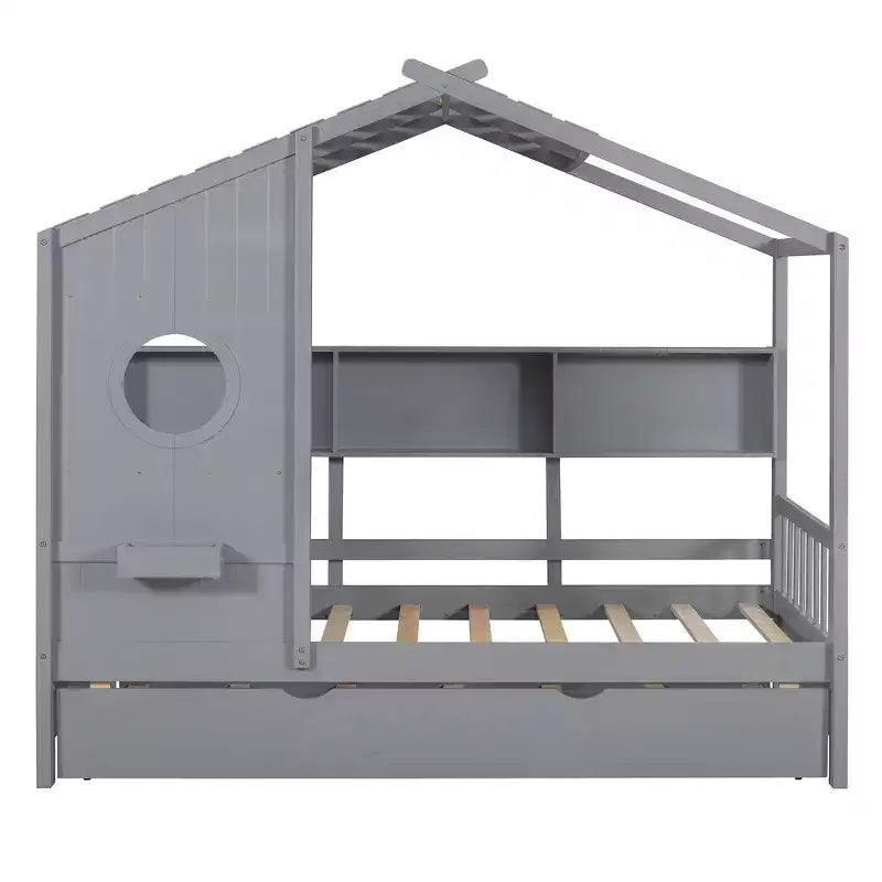 Lit de maison Whisen en bois pour enfant, taille double, design moderne avec lit gigogne et étagère de rangement