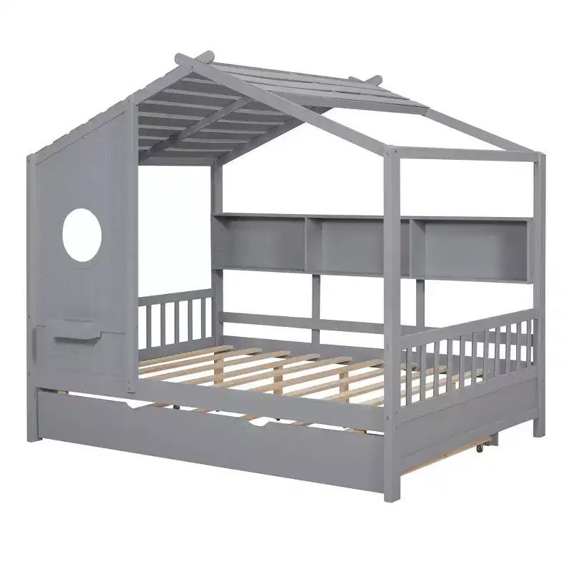 Lit de maison Whisen en bois pour enfant, taille double, design moderne avec lit gigogne et étagère de rangement
