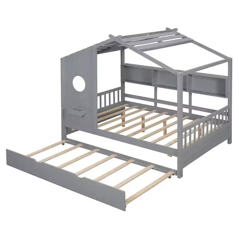 Lit de maison Whisen en bois pour enfant, taille double, design moderne avec lit gigogne et étagère de rangement