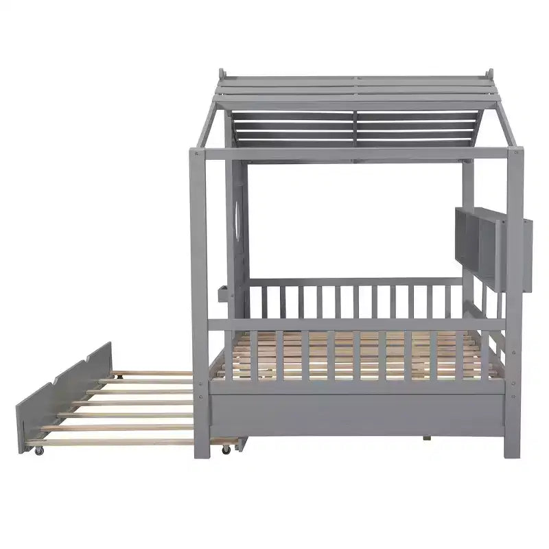 Lit de maison Whisen en bois pour enfant, taille double, design moderne avec lit gigogne et étagère de rangement