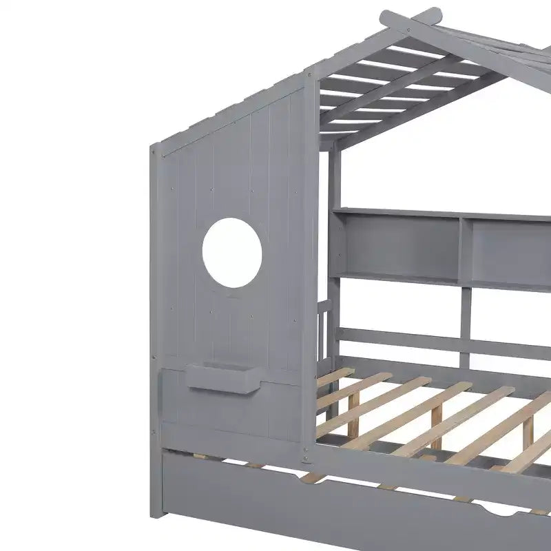 Lit de maison Whisen en bois pour enfant, taille double, design moderne avec lit gigogne et étagère de rangement
