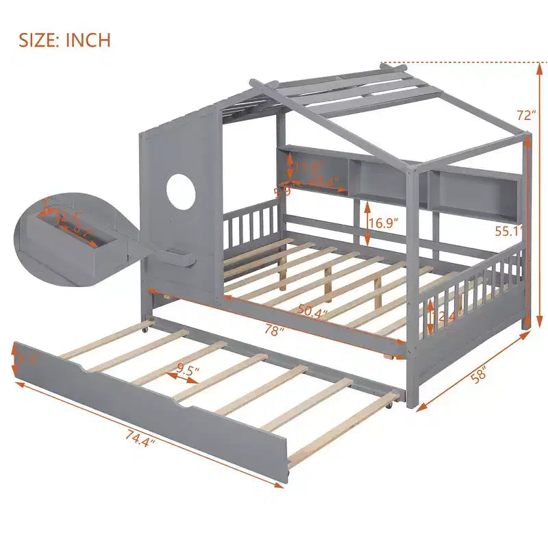 Lit de maison Whisen en bois pour enfant, taille double, design moderne avec lit gigogne et étagère de rangement