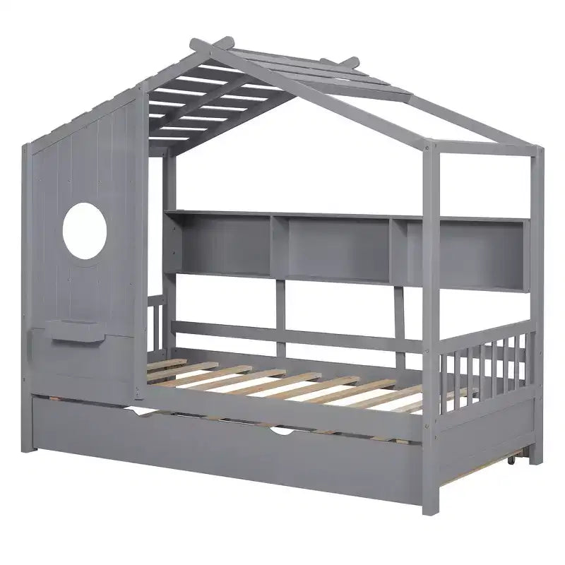 Lit de maison Whisen en bois pour enfant, taille double, design moderne avec lit gigogne et étagère de rangement