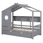 Lit de maison Whisen en bois pour enfant, taille double, design moderne avec lit gigogne et étagère de rangement