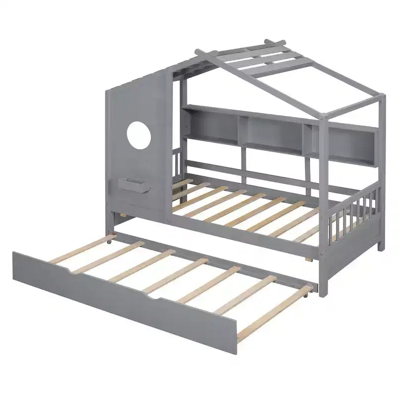 Lit de maison Whisen en bois pour enfant, taille double, design moderne avec lit gigogne et étagère de rangement