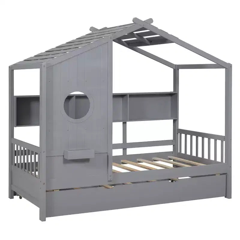 Lit de maison Whisen en bois pour enfant, taille double, design moderne avec lit gigogne et étagère de rangement