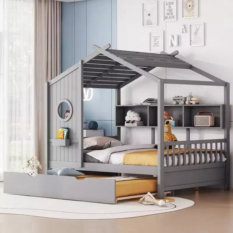 Lit de maison Whisen en bois pour enfant, taille double, design moderne avec lit gigogne et étagère de rangement