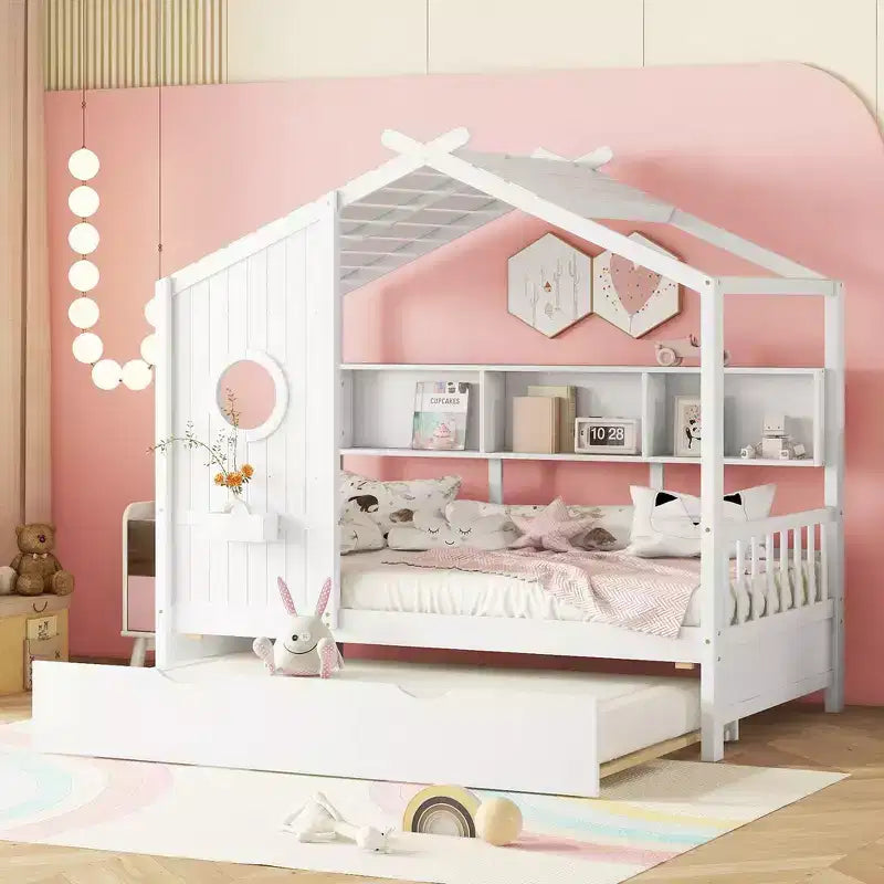 Lit de maison Whisen en bois pour enfant, taille double, design moderne avec lit gigogne et étagère de rangement