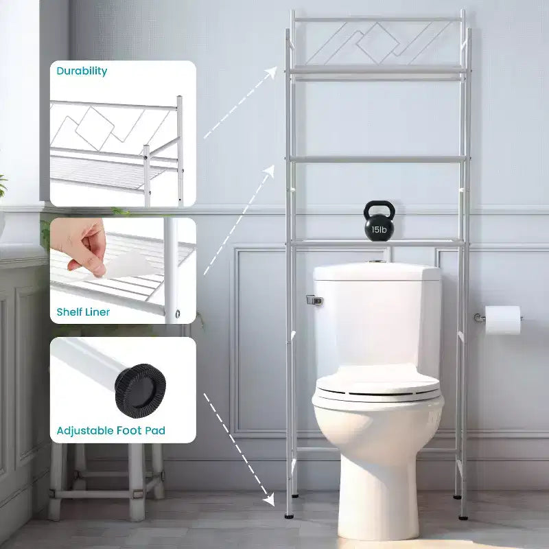 Meuble de rangement de salle de bain à 3 niveaux à poser au-dessus des toilettes, blanc