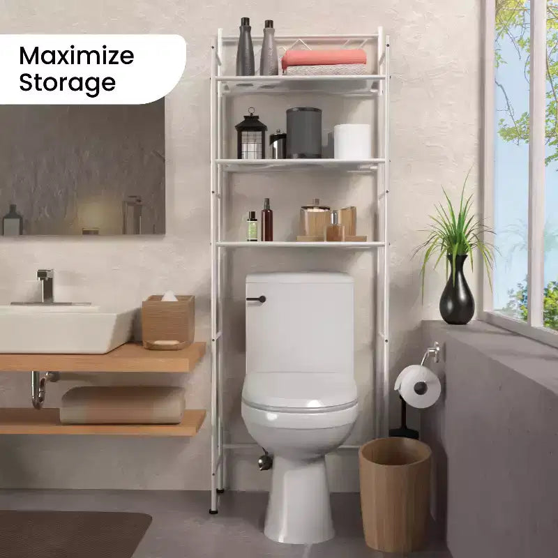 Meuble de rangement de salle de bain à 3 niveaux à poser au-dessus des toilettes, blanc