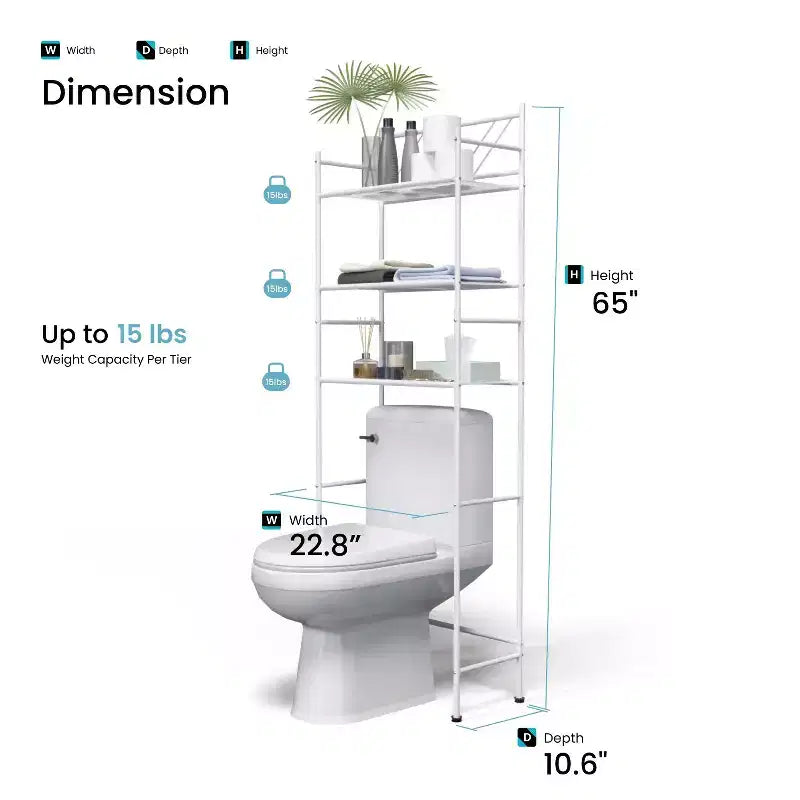 Meuble de rangement de salle de bain à 3 niveaux à poser au-dessus des toilettes, blanc