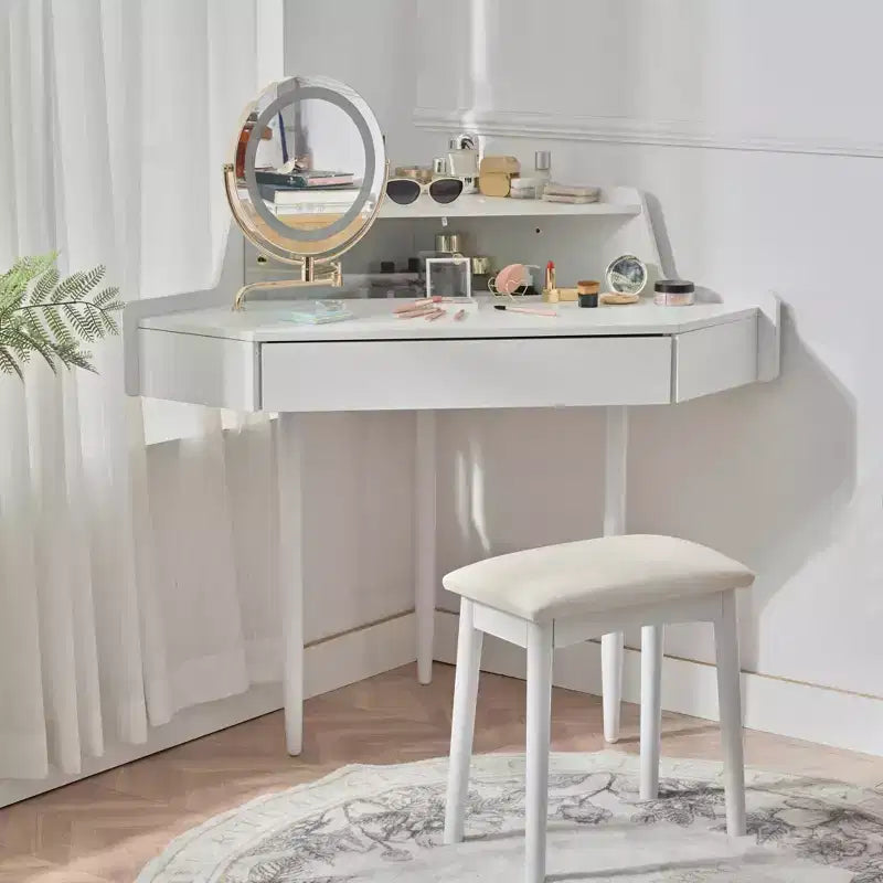 Corner Vanity Desk for Bedroomwith Adjustable Brightness Mirror, Open Storage Shelves, and Space-Saving Design for Bedroom Use