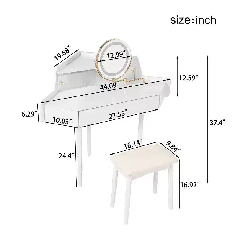 Coiffeuse d'angle pour chambre avec miroir à luminosité réglable, étagères de rangement ouvertes et design compact pour chambre à coucher