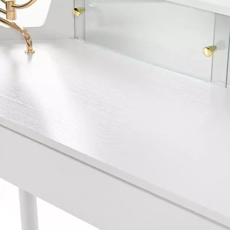 Coiffeuse d'angle pour chambre avec miroir à luminosité réglable, étagères de rangement ouvertes et design compact pour chambre à coucher
