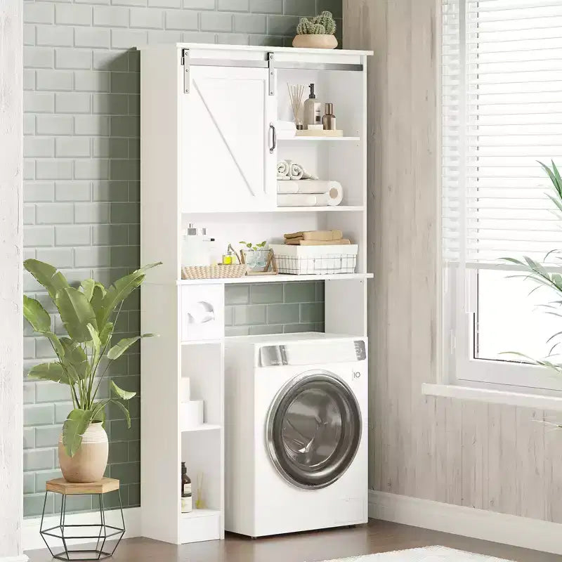 Meuble de rangement au-dessus des toilettes avec porte de grange coulissante, étagère de salle de bain avec étagère réglable et porte-papier toilette pour la salle de bain