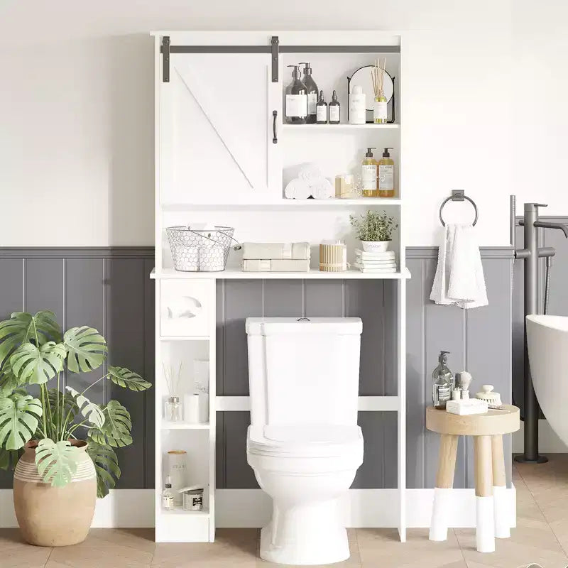 Meuble de rangement au-dessus des toilettes avec porte de grange coulissante, étagère de salle de bain avec étagère réglable et porte-papier toilette pour la salle de bain