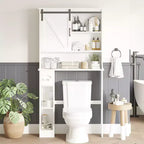 Meuble de rangement au-dessus des toilettes avec porte de grange coulissante, étagère de salle de bain avec étagère réglable et porte-papier toilette pour la salle de bain