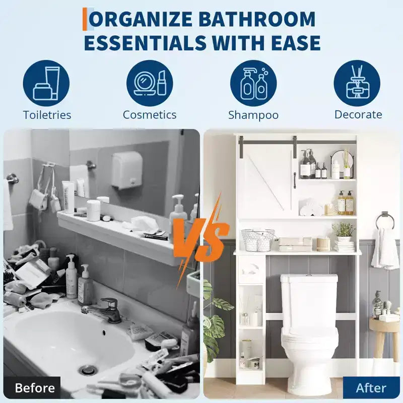 Meuble de rangement au-dessus des toilettes avec porte de grange coulissante, étagère de salle de bain avec étagère réglable et porte-papier toilette pour la salle de bain