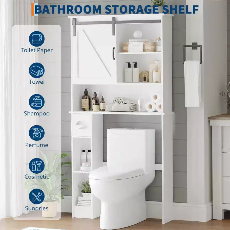 Meuble de rangement au-dessus des toilettes avec porte de grange coulissante, étagère de salle de bain avec étagère réglable et porte-papier toilette pour la salle de bain