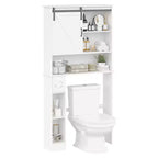 Meuble de rangement au-dessus des toilettes avec porte de grange coulissante, étagère de salle de bain avec étagère réglable et porte-papier toilette pour la salle de bain