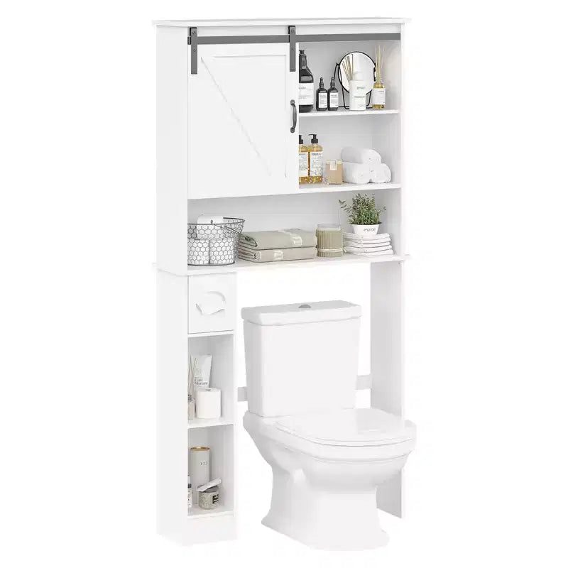 Meuble de rangement au-dessus des toilettes avec porte de grange coulissante, étagère de salle de bain avec étagère réglable et porte-papier toilette pour la salle de bain