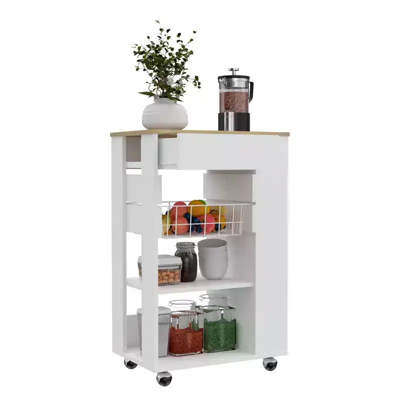 Okak Îlot de Cuisine Moderne avec Rangement, Chariot de Cuisine avec 1 Tiroir et 2 Étagères Ouvertes, Îlot de Cuisine sur Roues pour Cuisine, Salle à Manger