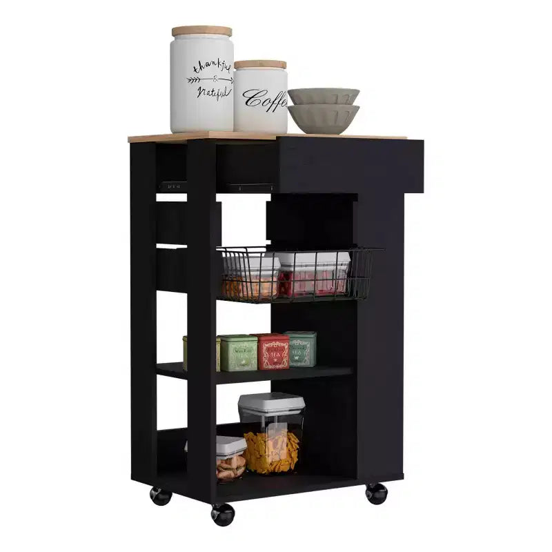 Okak Îlot de Cuisine Moderne avec Rangement, Chariot de Cuisine avec 1 Tiroir et 2 Étagères Ouvertes, Îlot de Cuisine sur Roues pour Cuisine, Salle à Manger