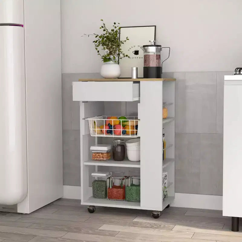 Okak Îlot de Cuisine Moderne avec Rangement, Chariot de Cuisine avec 1 Tiroir et 2 Étagères Ouvertes, Îlot de Cuisine sur Roues pour Cuisine, Salle à Manger