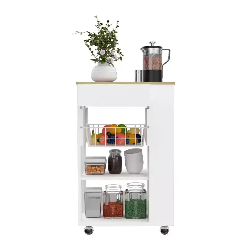 Okak Îlot de Cuisine Moderne avec Rangement, Chariot de Cuisine avec 1 Tiroir et 2 Étagères Ouvertes, Îlot de Cuisine sur Roues pour Cuisine, Salle à Manger