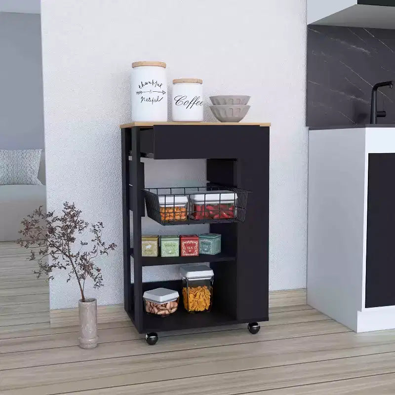 Okak Modern Kitchen Island With Storage, Kitchen Cart with 1 Drawer and 2 Open Shelves, Kitchen Island On Wheels for Kitchen, Dining Room