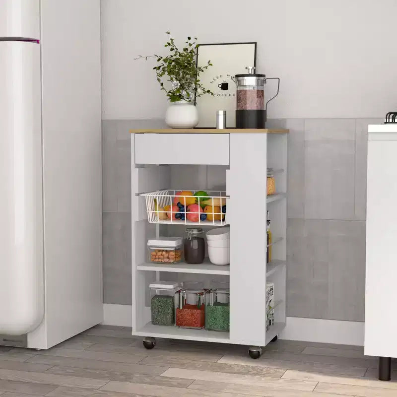 Okak Îlot de Cuisine Moderne avec Rangement, Chariot de Cuisine avec 1 Tiroir et 2 Étagères Ouvertes, Îlot de Cuisine sur Roues pour Cuisine, Salle à Manger