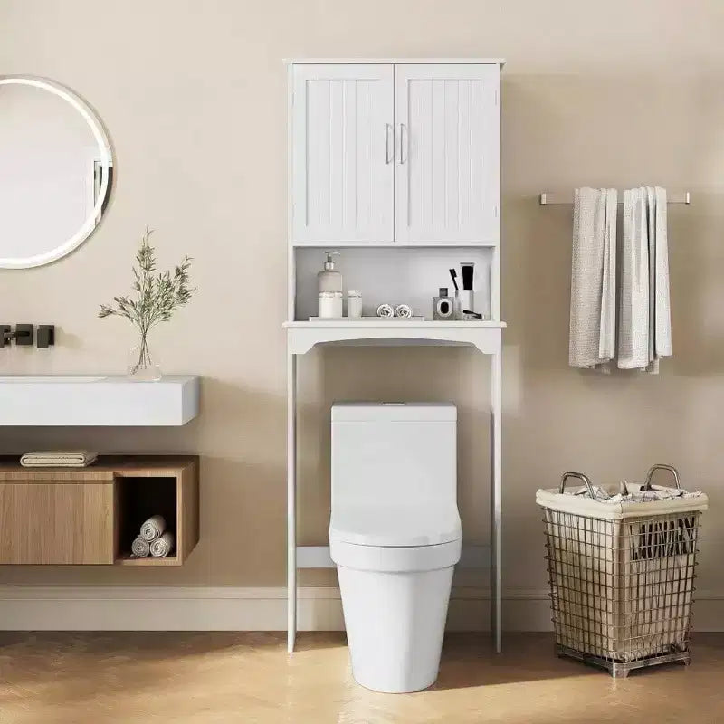 Over Toilet Cabinet Double Door Bathroom Storage Organizer White Toilet Rack with Adjustable Inner Shelf Open Storage Shelf