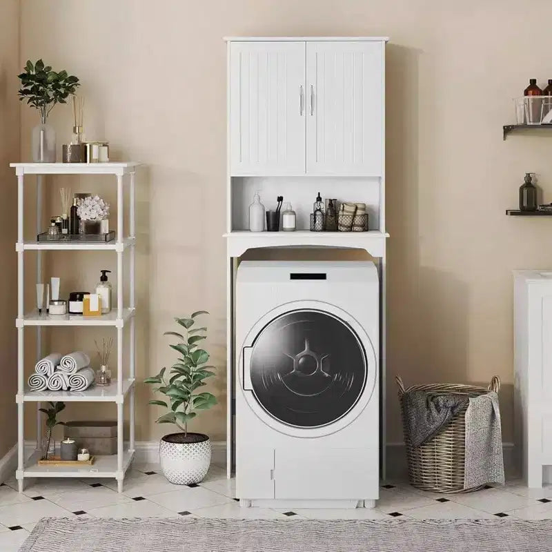 Meuble de rangement de salle de bain à double porte au-dessus des toilettes, meuble WC blanc avec étagère intérieure réglable et étagère de rangement ouverte