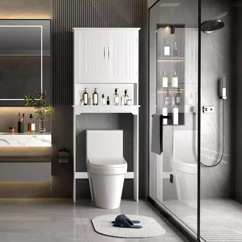 Meuble de rangement de salle de bain à double porte au-dessus des toilettes, meuble WC blanc avec étagère intérieure réglable et étagère de rangement ouverte