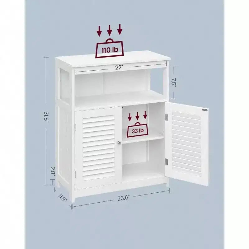 Meuble de Rangement au Sol, Autoportant avec Deux Portes Persiennes, Étagère Réglable, Blanc pour Salon, Entrée, Cuisine