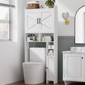 Over Toilet Storage Cabinet with 2 Barn Doors and Holder Stand White Free Standing Bathroom Shelf Space Saver Restroom Laundry