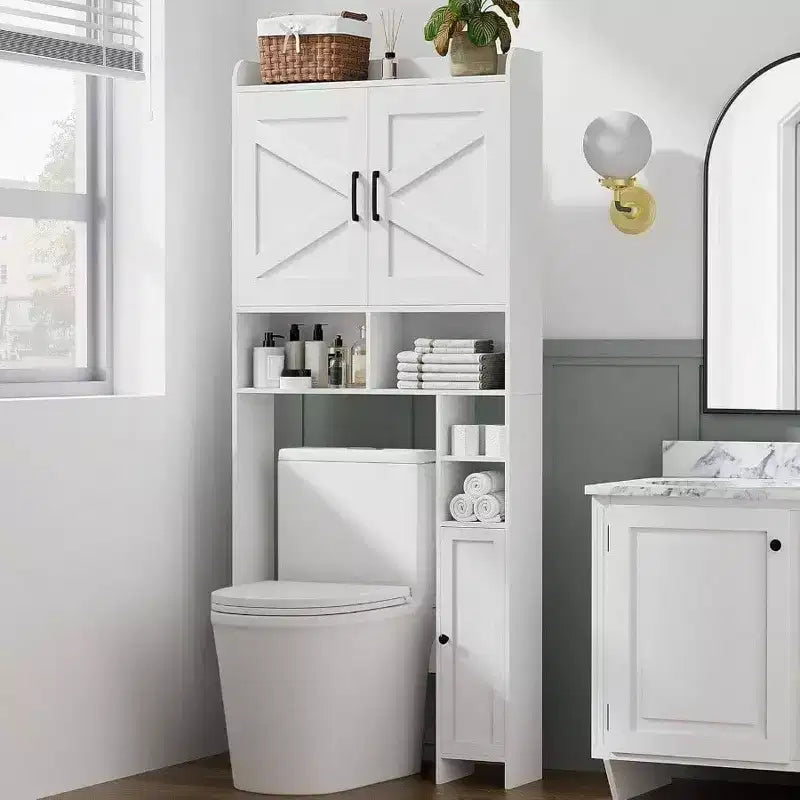 Over Toilet Storage Cabinet with 2 Barn Doors and Holder Stand White Free Standing Bathroom Shelf Space Saver Restroom Laundry