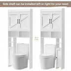 Meuble de rangement pour toilettes avec 2 portes de grange et support, blanc, étagère de salle de bain autoportante, économiseur d'espace pour salle de bain et buanderie