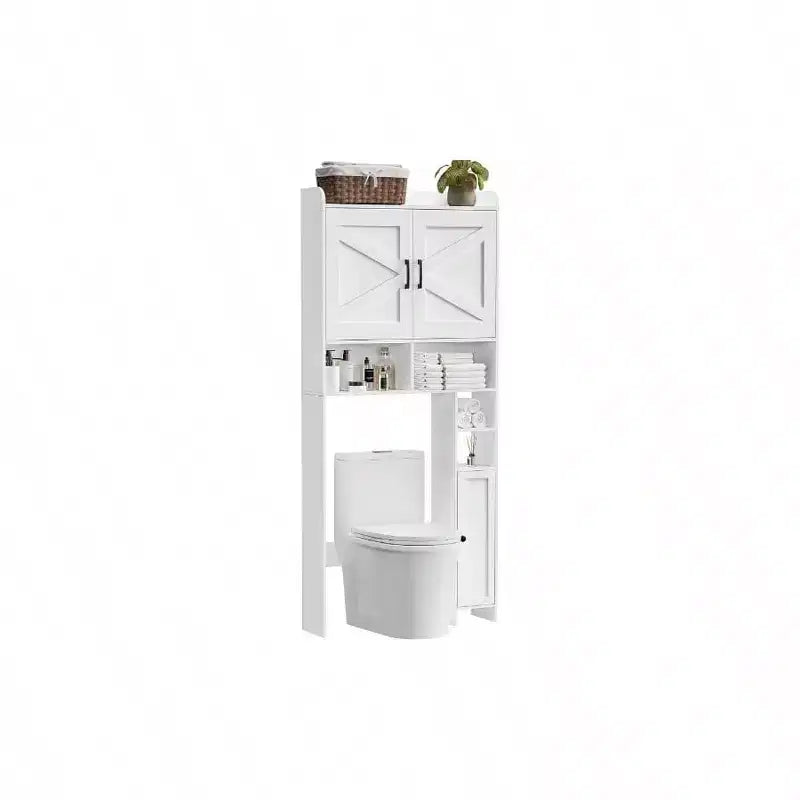 Meuble de rangement pour toilettes avec 2 portes de grange et support, blanc, étagère de salle de bain autoportante, économiseur d'espace pour salle de bain et buanderie