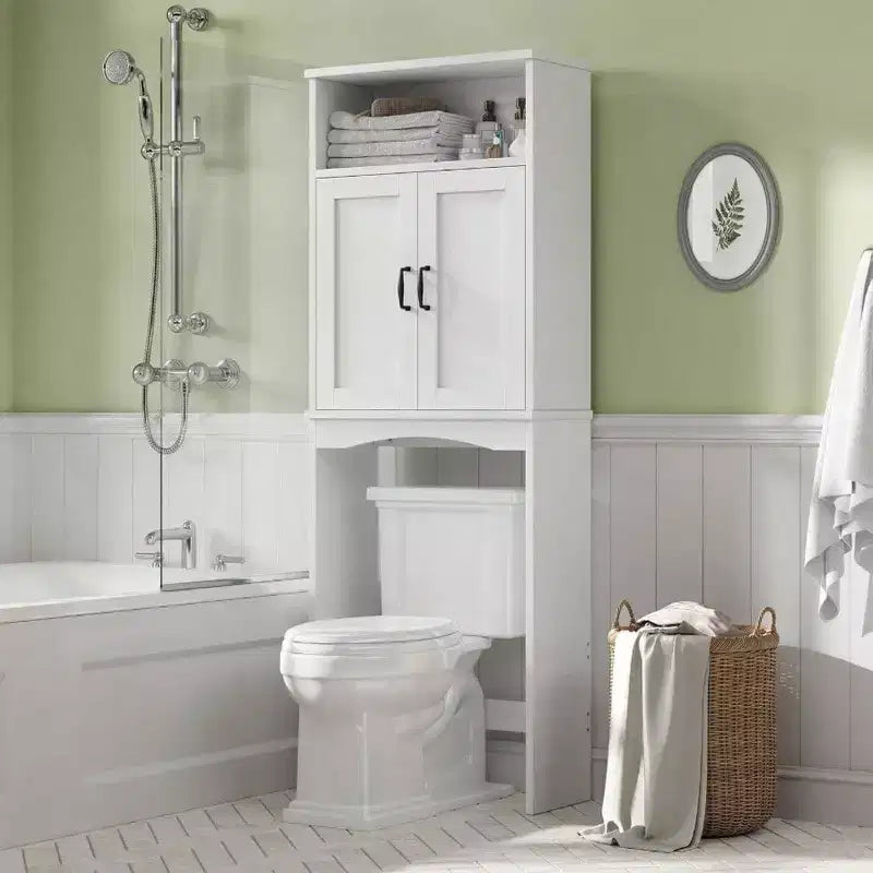 Meuble de rangement au-dessus des toilettes, étagère peu encombrante, organisateur de salle de bain blanc avec étagère réglable et doubles portes