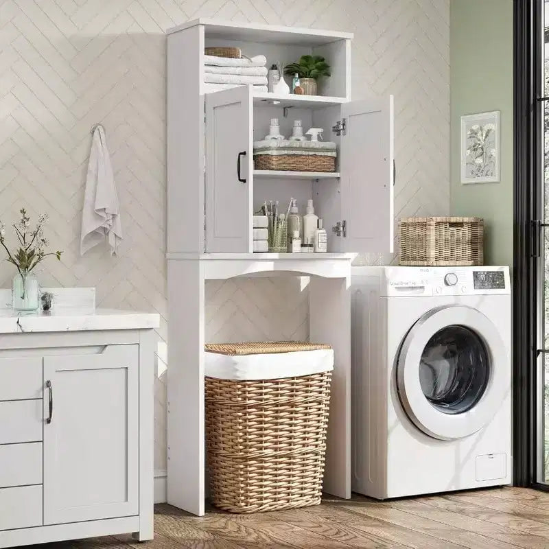 Meuble de rangement au-dessus des toilettes, étagère peu encombrante, organisateur de salle de bain blanc avec étagère réglable et doubles portes