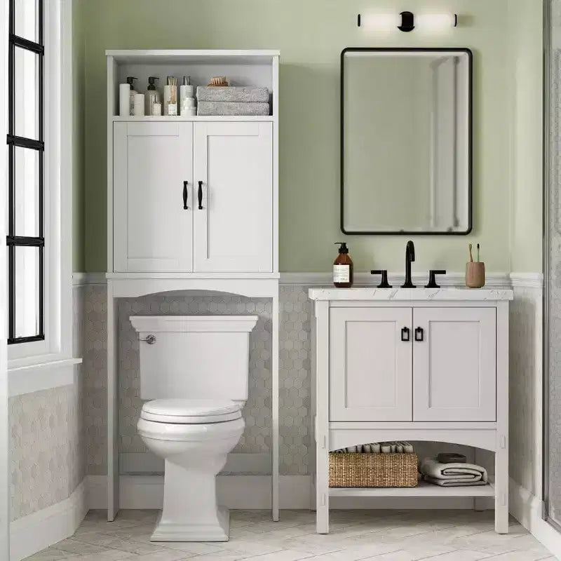 Meuble de rangement au-dessus des toilettes, étagère peu encombrante, organisateur de salle de bain blanc avec étagère réglable et doubles portes
