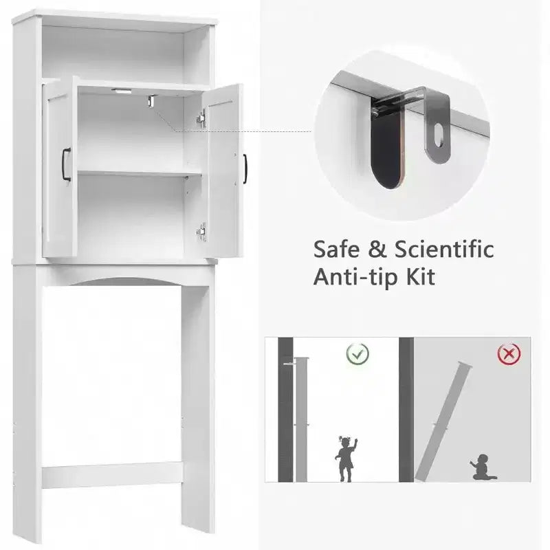 Meuble de rangement au-dessus des toilettes, étagère peu encombrante, organisateur de salle de bain blanc avec étagère réglable et doubles portes