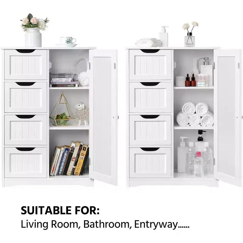 Meuble bas en bois blanc à 4 tiroirs et 1 placard, console autoportante pour entrée, organisateur de rangement de salle de bain